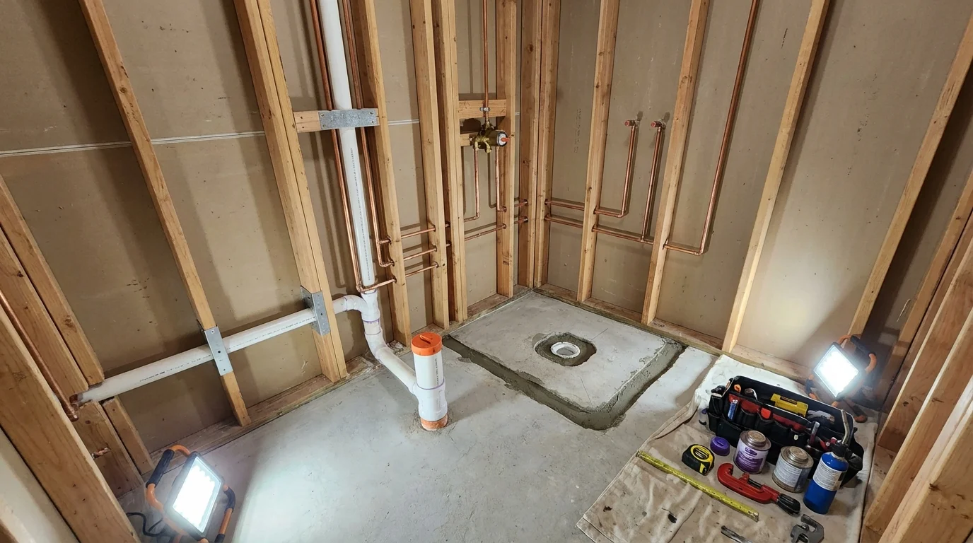 Bathroom rough-in plumbing during remodel by Johns Plumbing LLC in Gordonsville