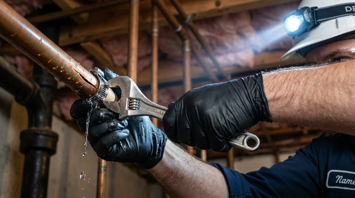 Emergency pipe clamp repair being performed by a Johns Plumbing LLC plumber in Gordonsville