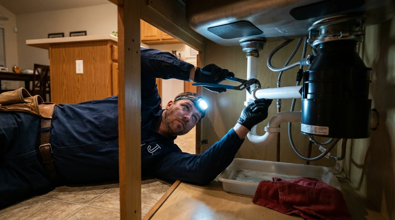 P-trap and supply line connections under a kitchen sink showing a common leak point in Gordonsville, TN